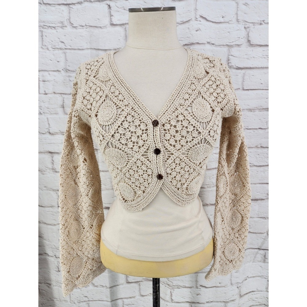 Festival Crochet Cardigan Boho Hippie Flare Sleeve Women XS Cropped Cream Button